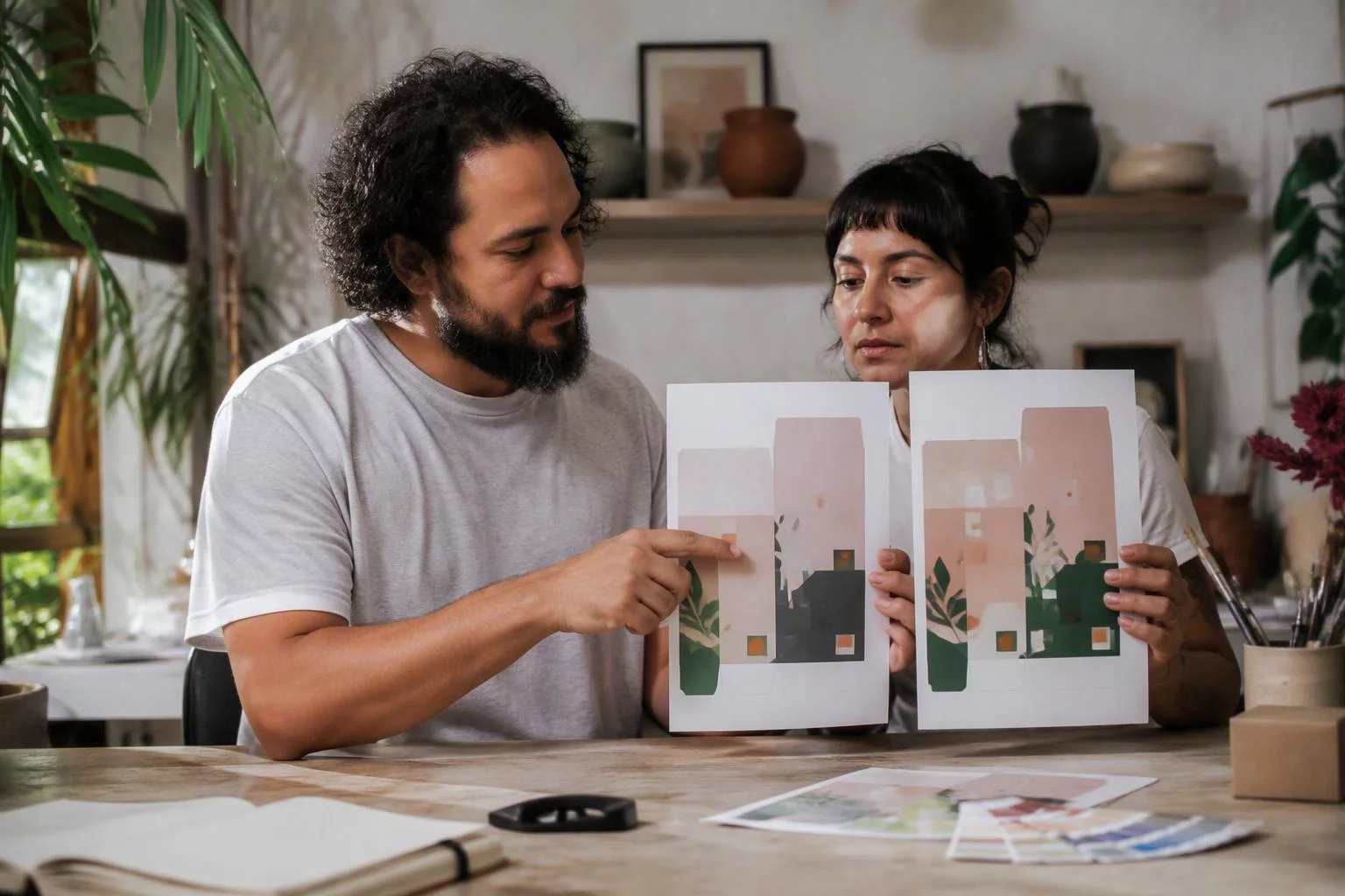 Duas pessoas comparando duas provas de caixa lado a lado