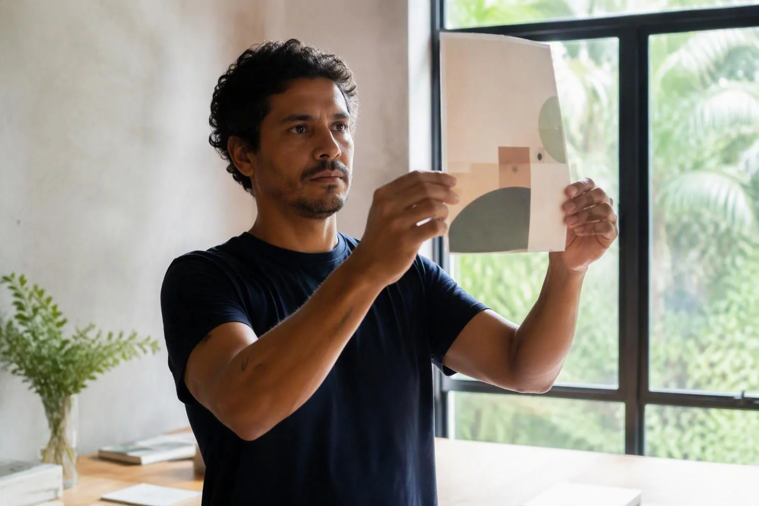 Designer conferindo uma prova de rótulo contra a luz da janela